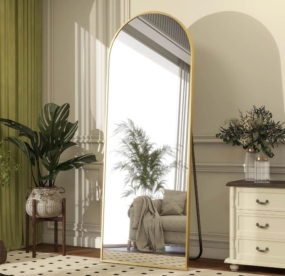 beautypeak arched 64.1"x21.1" full length mirror floor mirror sturdy mdf mirror with stand full body mirror, gold 21.1"w x 64.1"h