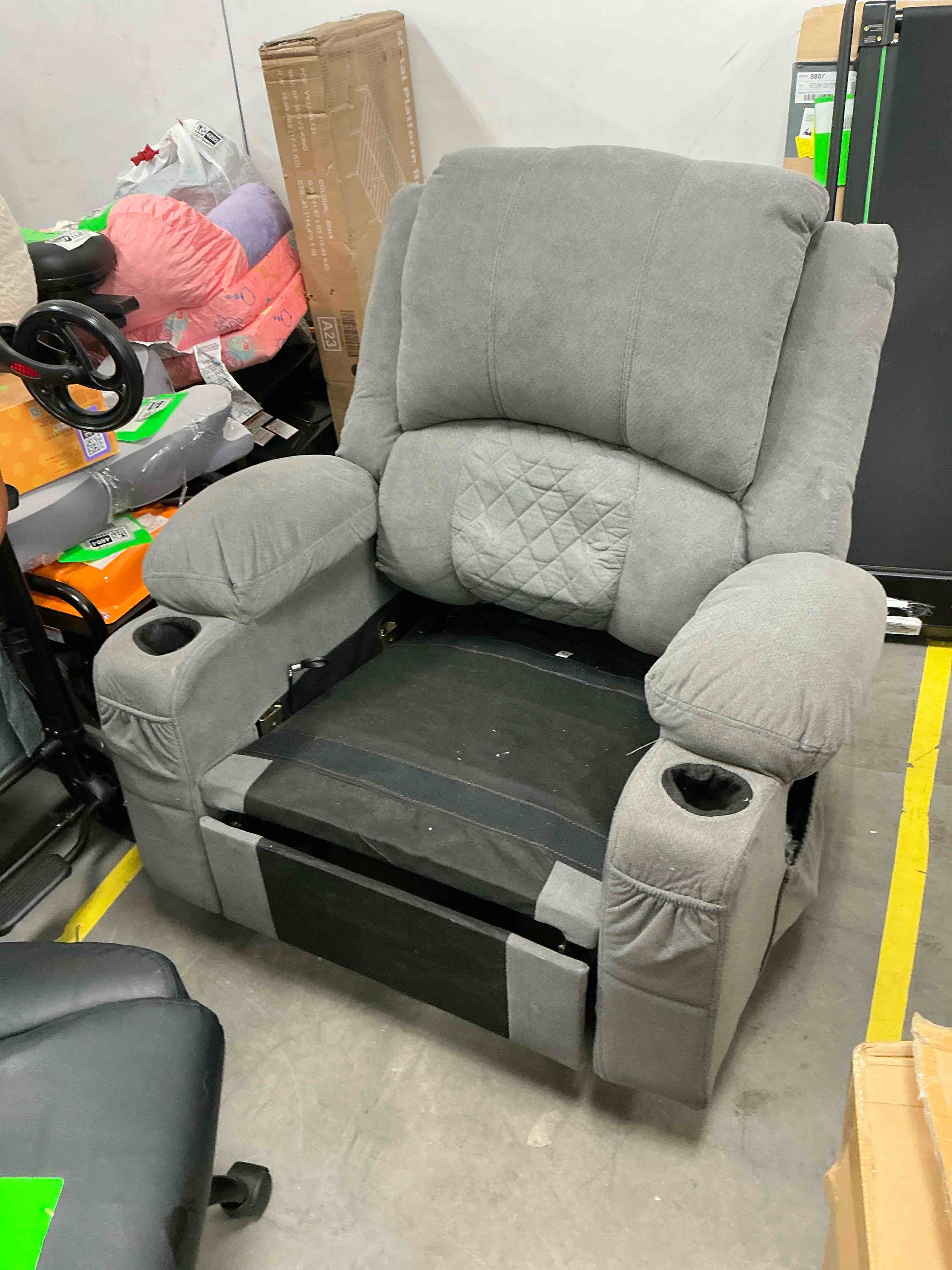 Condition photo showing As Is for jonpony kneading massage rocker recliner chair with 4-point 3d kneading massage and heat ergonomic lounge chair for living room with rocking function and 2 cup holders, usb charge port,gray