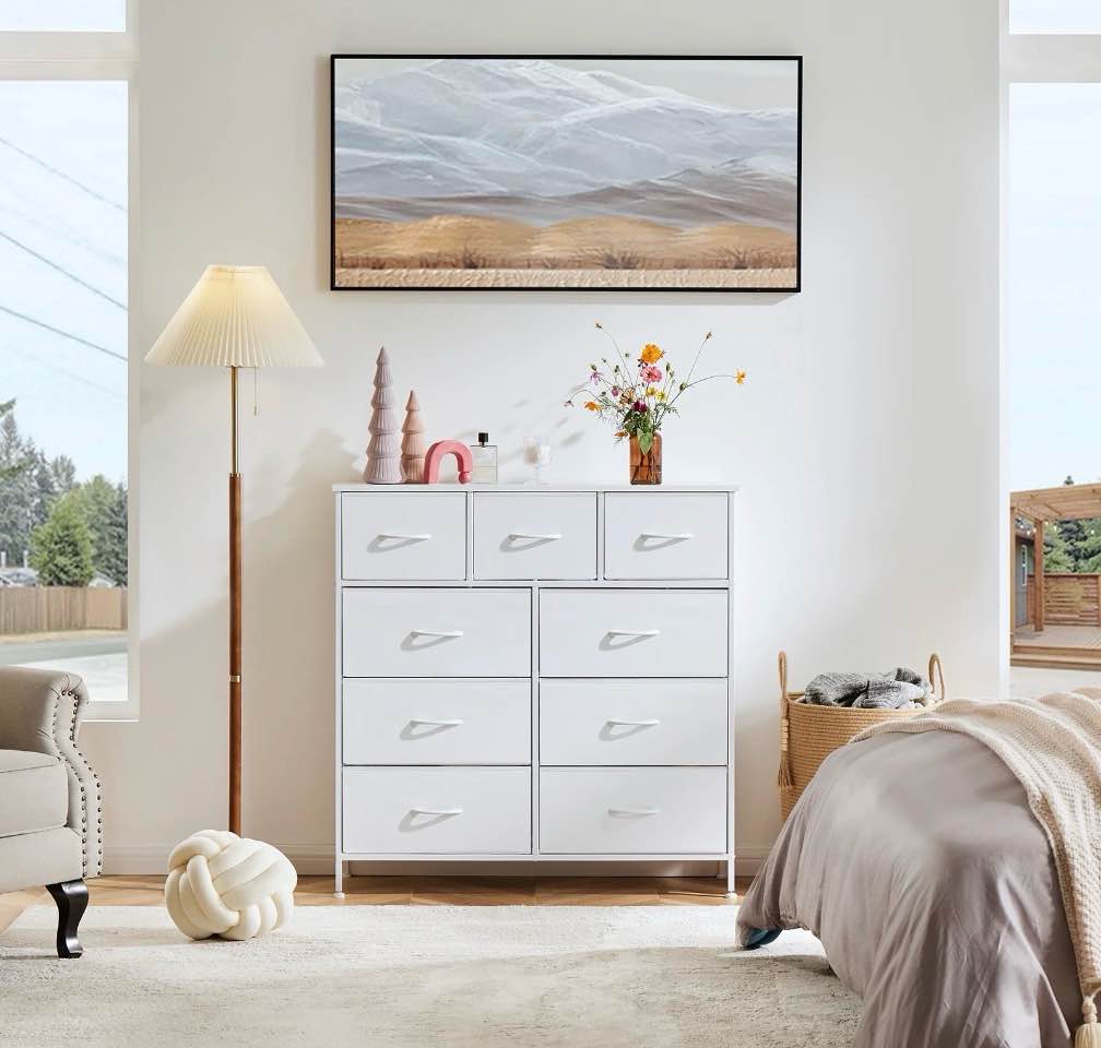 edx fabric storage dresser with 9 drawers, steel frame and wooden top for bedroom, closet and entryway , white