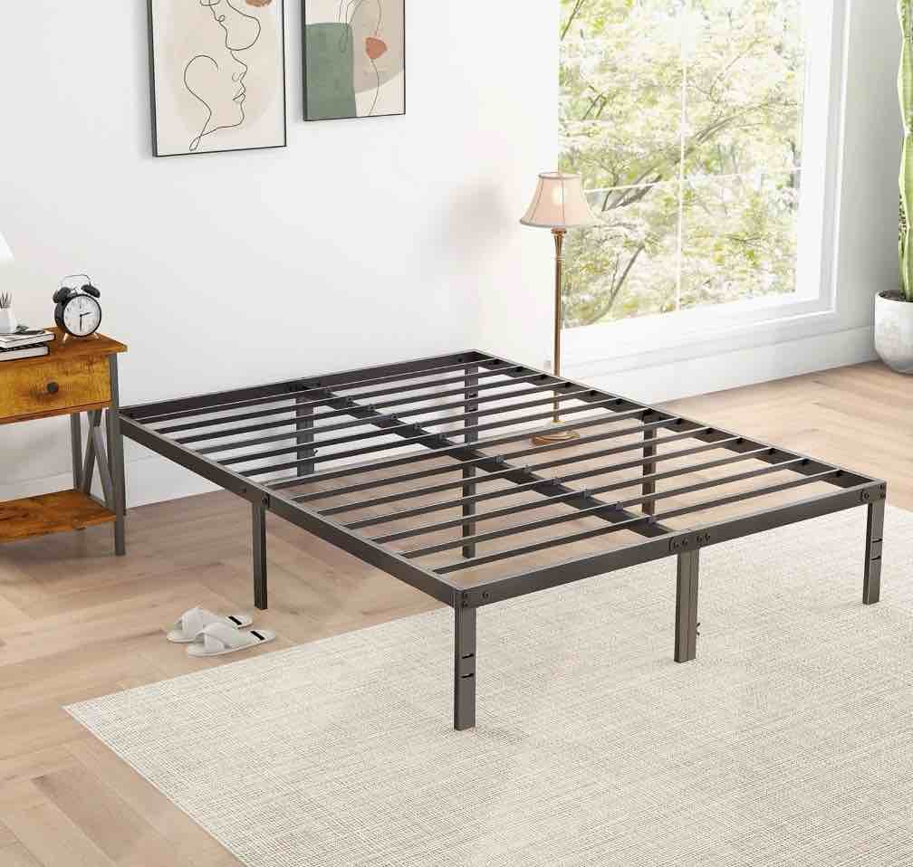edx 14" high full size bed frame no box spring needed, heavy duty metal with sturdy steel slat support and under bed storage full