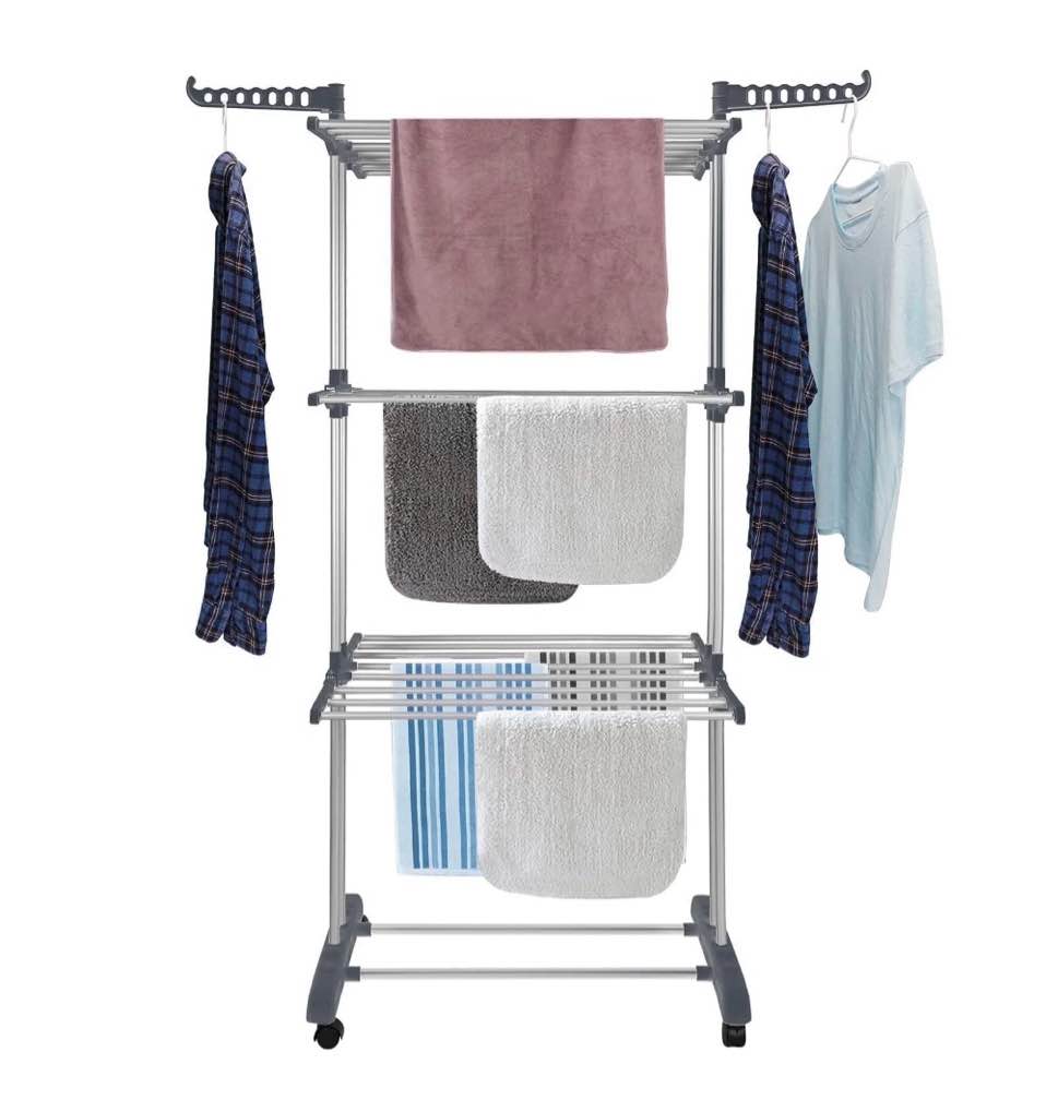 flngr drying rack for clothes  foldable & collapsible drying rack free standing stainless steel laundry drying rack for hangers  garments  towels and clothing