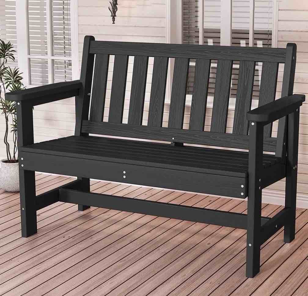serwall outdoor bench for 2-person, weather-resistant hdpe with aluminum reinforcement, supports 660 lbs, comfortable seating for patio, garden, and porch, black