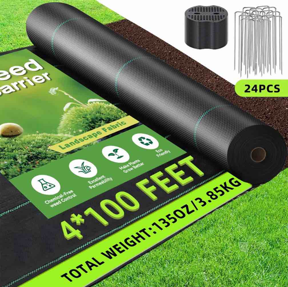 4ftx100ft weed barrier landscape fabric, heavy duty gardening ground cover mat, weed block garden cloth, woven garden weed fabric for gardening, farming with 24 u-shaped securing pegs