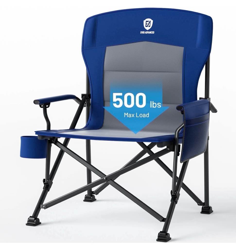 ever advanced oversized folding camping chair  high back lawn chair for adults with side pockets & cup holder  support up to 500lbs  blue