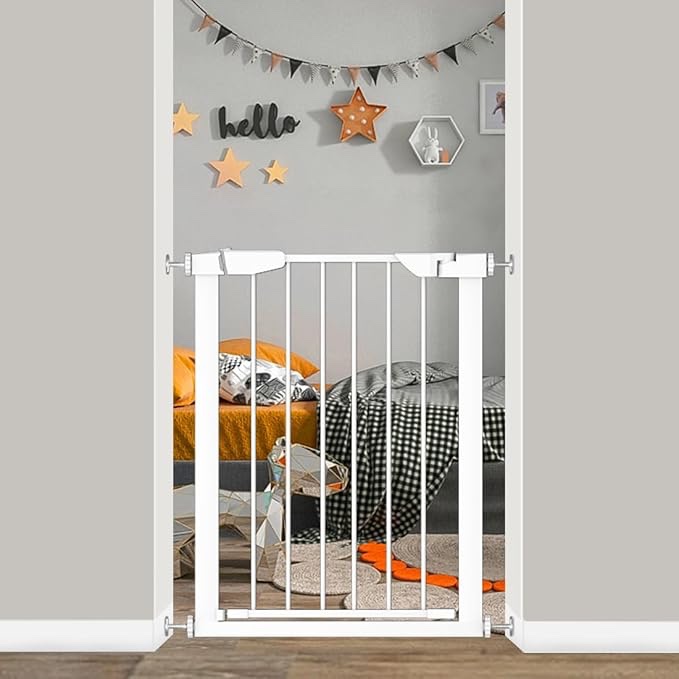 fairy baby narrow baby gate for stair, 22.8"-25.5" wide pressure mounted pet gate for doorway, easy walk thru child safety gate, white
