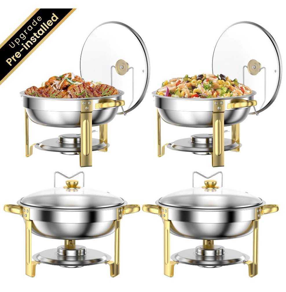 chafing dish buffet set 4 pack: tinana 5qt stainless steel chafing dishes with glass lid & lid holder, round food warmers for parties, events, wedding-gold
