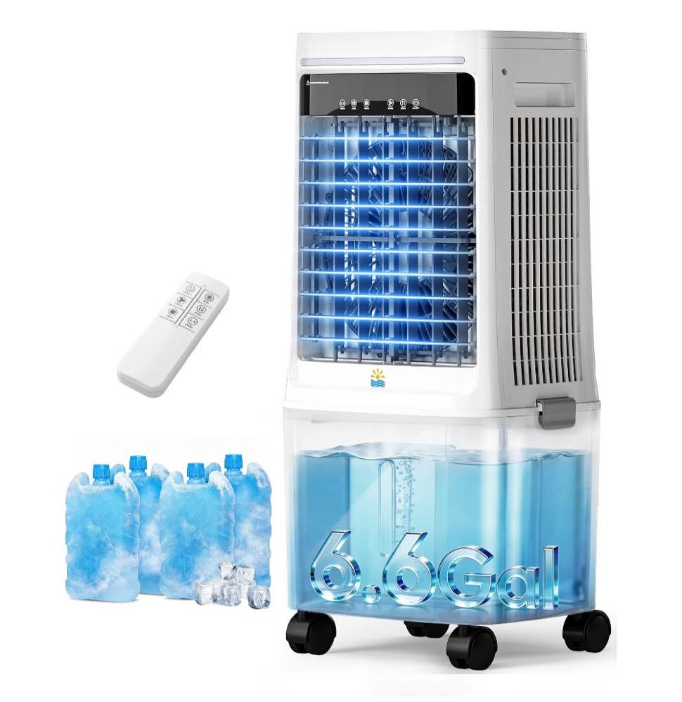 flamemore upgraded 1800cfm evaporative air cooler fan humidifier with 6.6 gal tank & 4 ice packs, portable swamp cooler for indoor/outdoor