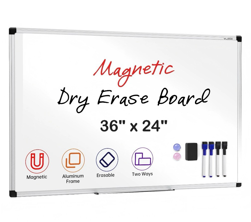 vusign magnetic whiteboard dry erase board, 36 x 24 inches, wall mounted white board with pen tray, silver aluminium frame 36" x 24"