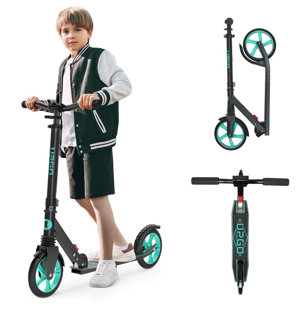 upgo kick scooter for ages 6+  kids  teens & adults  240 lb max load  foldable  8-inch wheels aquas