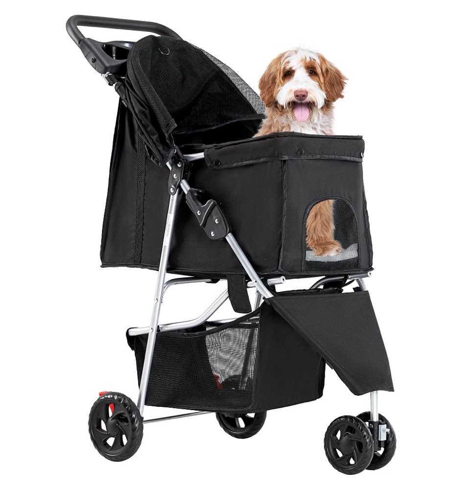 edx dog stroller  pet travel folding carrier with storage basket for cat/dog  3 wheels  black
