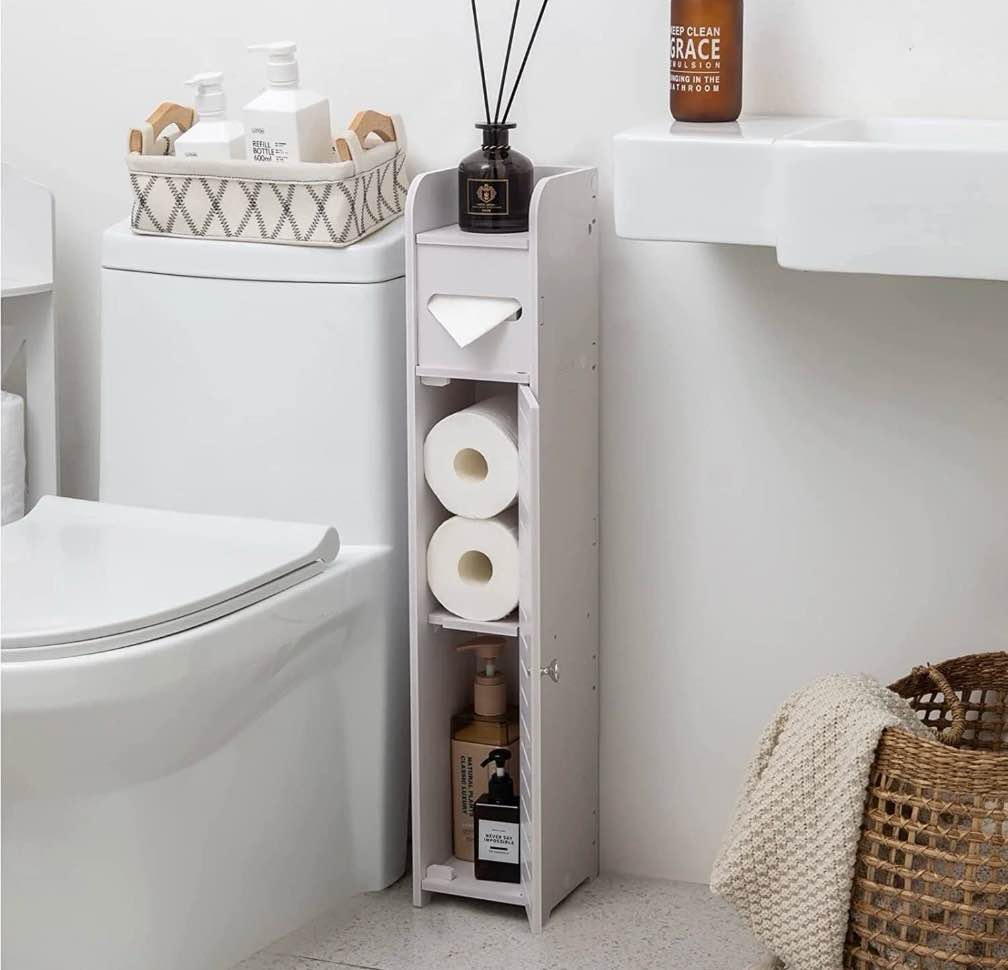 bathroom storage corner floor cabinet toilet towel paper holder w/door&shelves