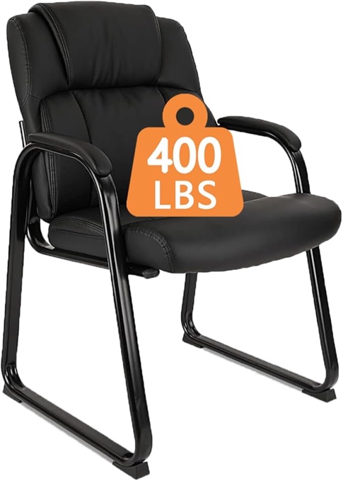 CLATINA Heavy Duty Guest Chair with Padded Armrests and Sled Base, Executive Leather Soft Reception Chair 400lbs Capacity for Office Conference Waiting Meeting Room, Black