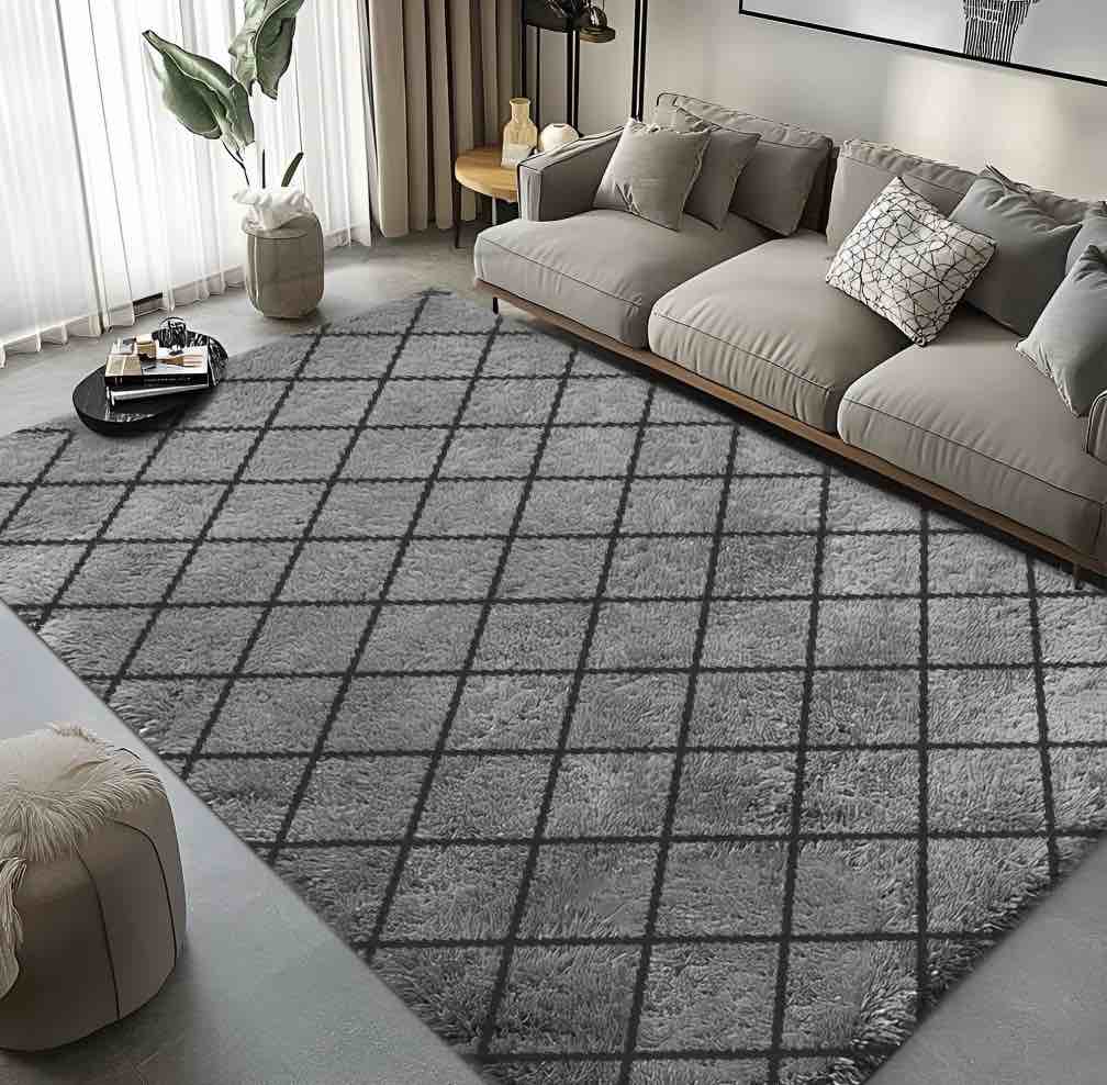Pentantan Shag Area Rug  8’ x 10’ Grid Soft Fluffy Indoor Rugs for Living Room Bedroom Carpet  Gray & Black