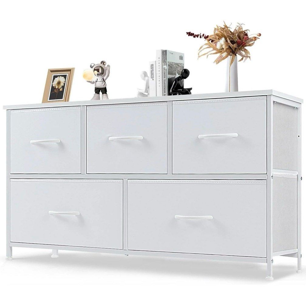 edx 5 drawer dresser, wide chest of drawers nightstand storage tower storage fabric dresser with wood top for living room, bedroom, hallway,white