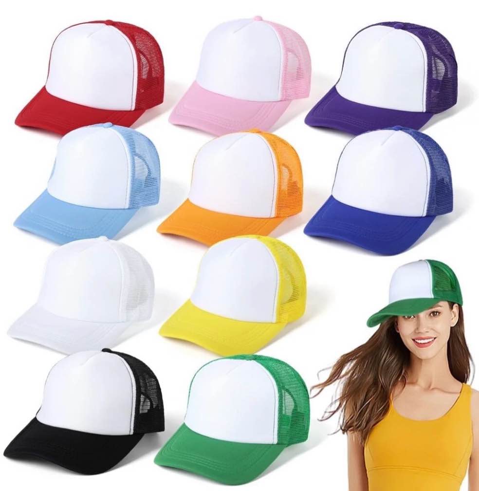 10 pcs sublimation blank trucker hats  comfortable polyester mesh trucker hats  unisex mesh baseball snapback caps  summer mesh caps for men women  10 colors