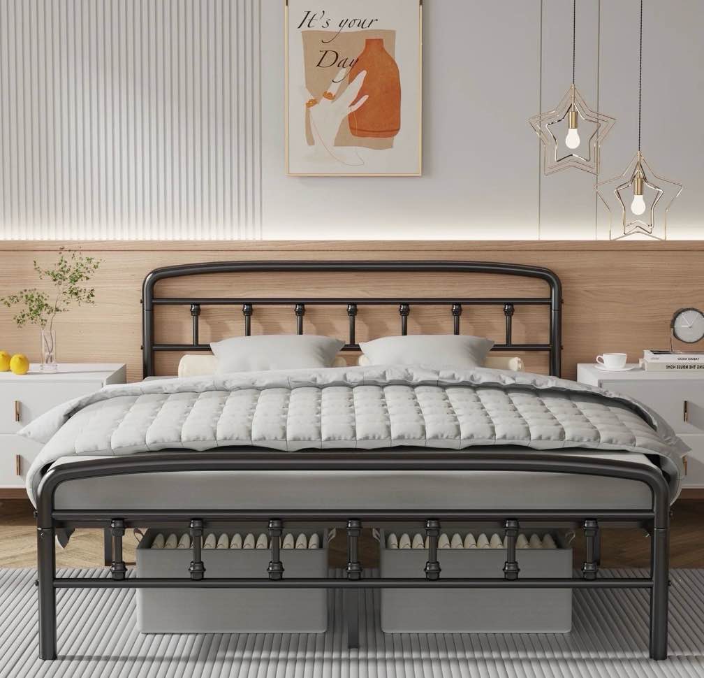 Queen Bed Frame with Headboard,Victorian Style Headboard and Footboard, No Squeak, Heavy Duty 1500lbs Support, Easy 30-Min Tool-Free Assembly, No Box Spring Needed/Underbed Storage