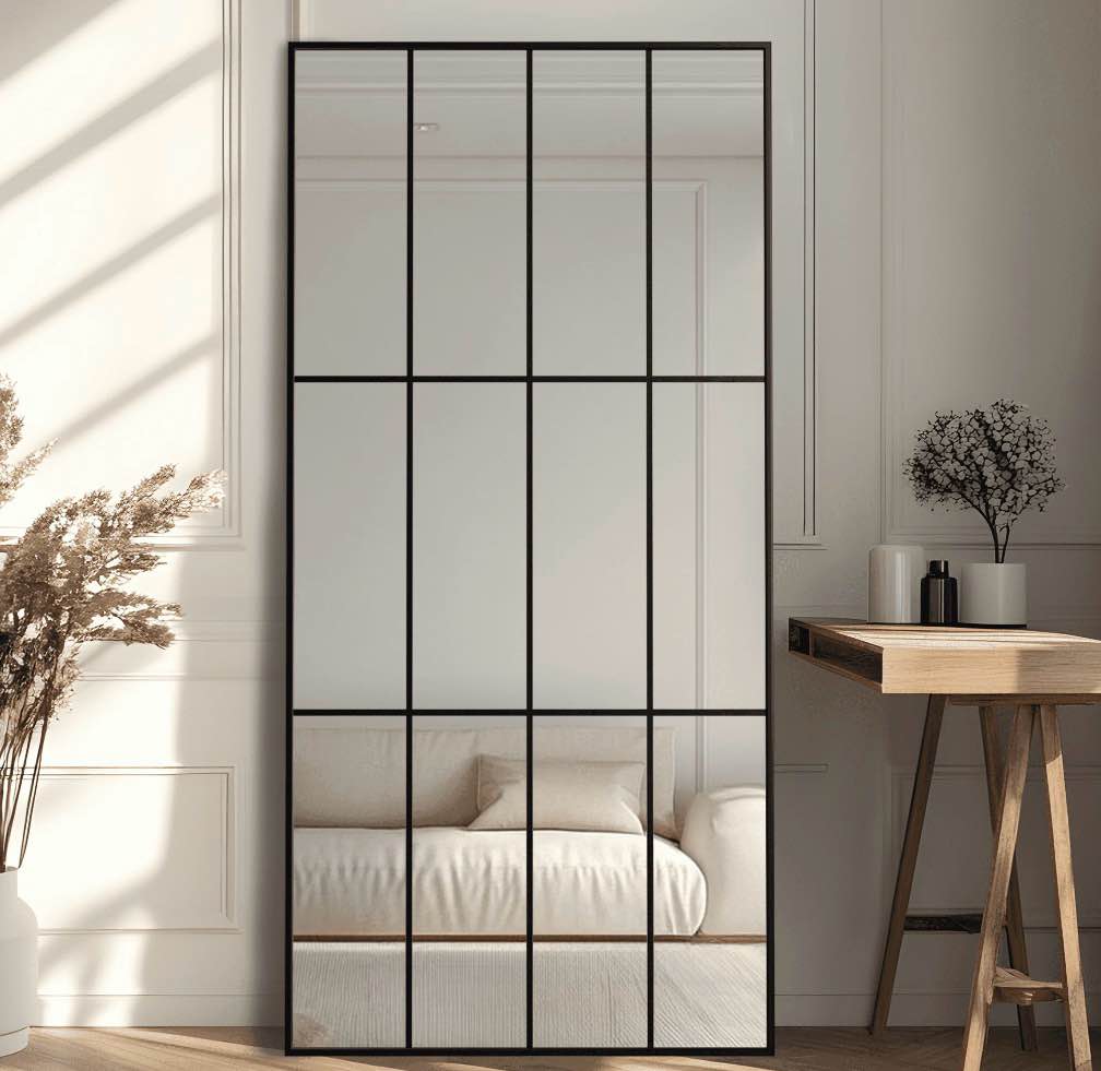 Wall Mirror 30  x 60   Window Pane Grid Mirror Modern Style for Bedroom  Living Room  Bathroom  Rectangular Black Aluminum Framed