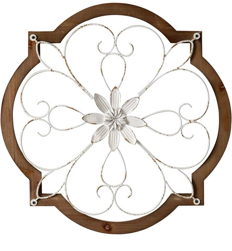Sintosin Vintage Metal Scroll Wall Decor 22   Hanging Farmhouse Distressed White Wrought Iron Wall Decor  Wood Frame and Metal Flower  Metal Wall Art Decor for Living Room Entryway Hallway