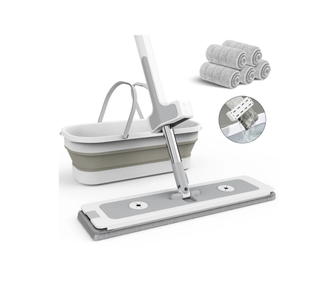 Spin Mop and Bucket Set with Wringer - Heavy Duty Flat Head Microfiber Mop for Floors & Walls  Includes 5 Washable Pads for Wet/Dry Cleaning  for Household Floor Care S