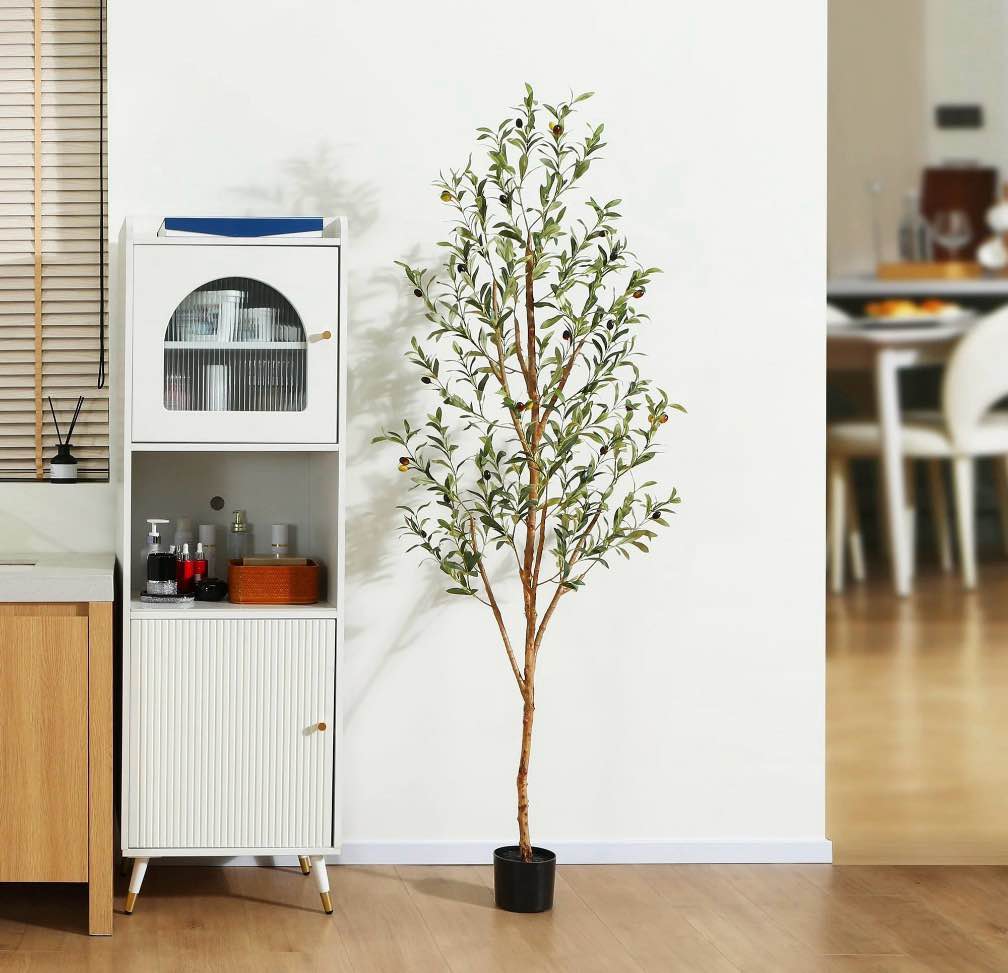 6 ft Artificial Olive Plants with Realistic Leaves and Natural Trunk, Silk Fake Olive Tree in Black Plastic Pot, Faux Olive Tree for Office Home
