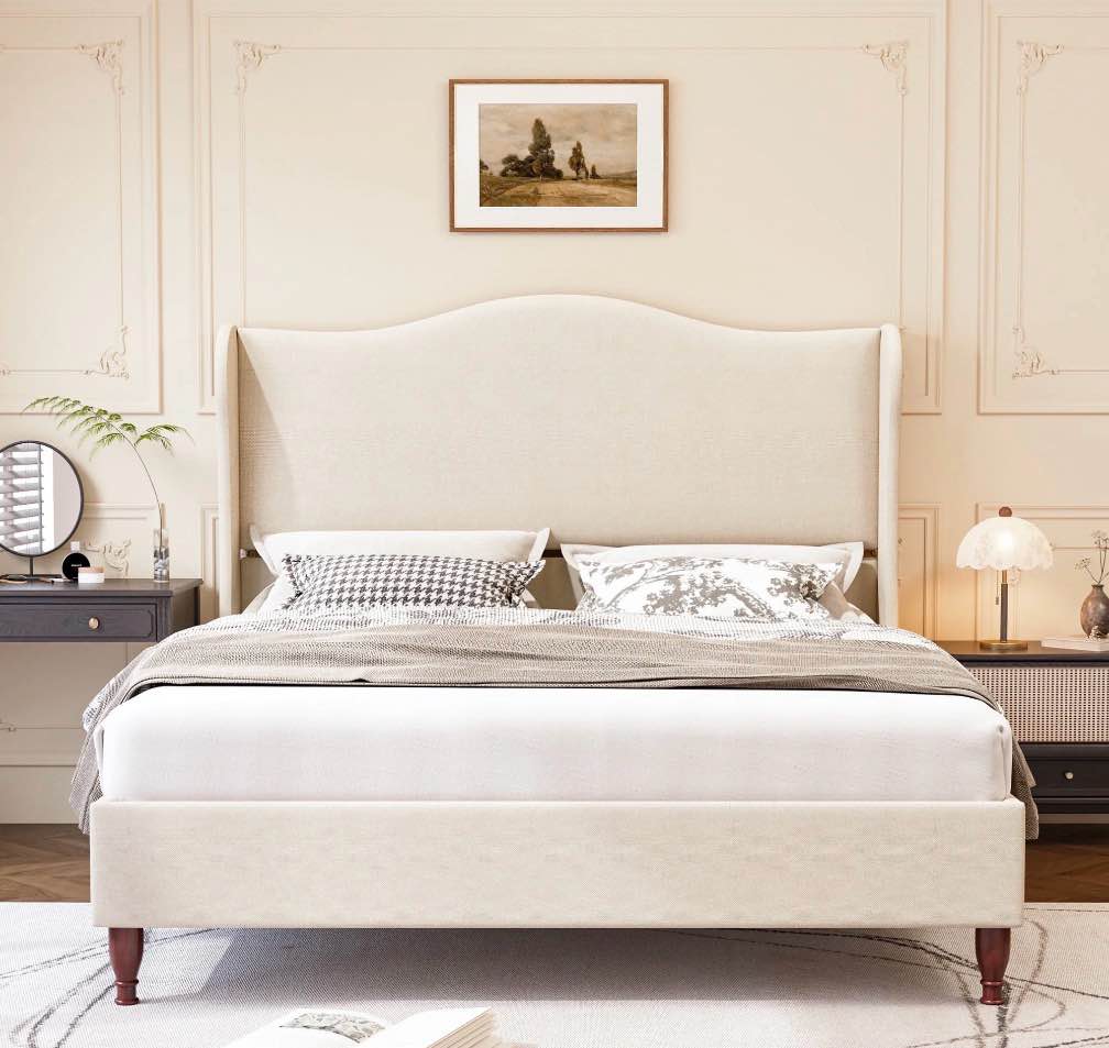 Neche King Upholstered Platform Bed Frame - 51" Tall Curved Wingback, Soft Fabric, Retro Sleigh Style, No Box Spring Needed, Easy Assembly, Beige