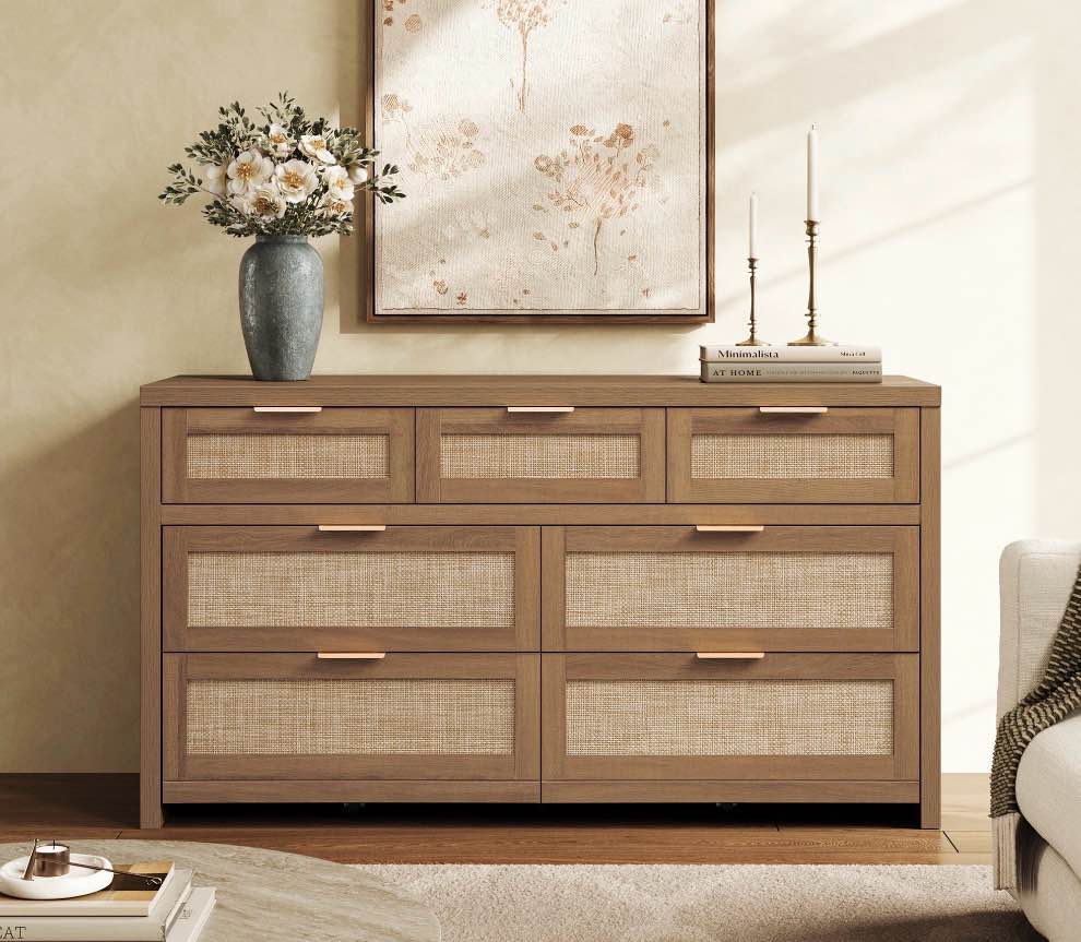 SICOTAS 56.88" Wide 7 Drawer Tall Dressers, Boho Dresser with Oversized Storage Space Rattan Dressers & Chests of Drawer Engineered Wooden Dressers for Bedroom,Reclaimed Caramel Oak