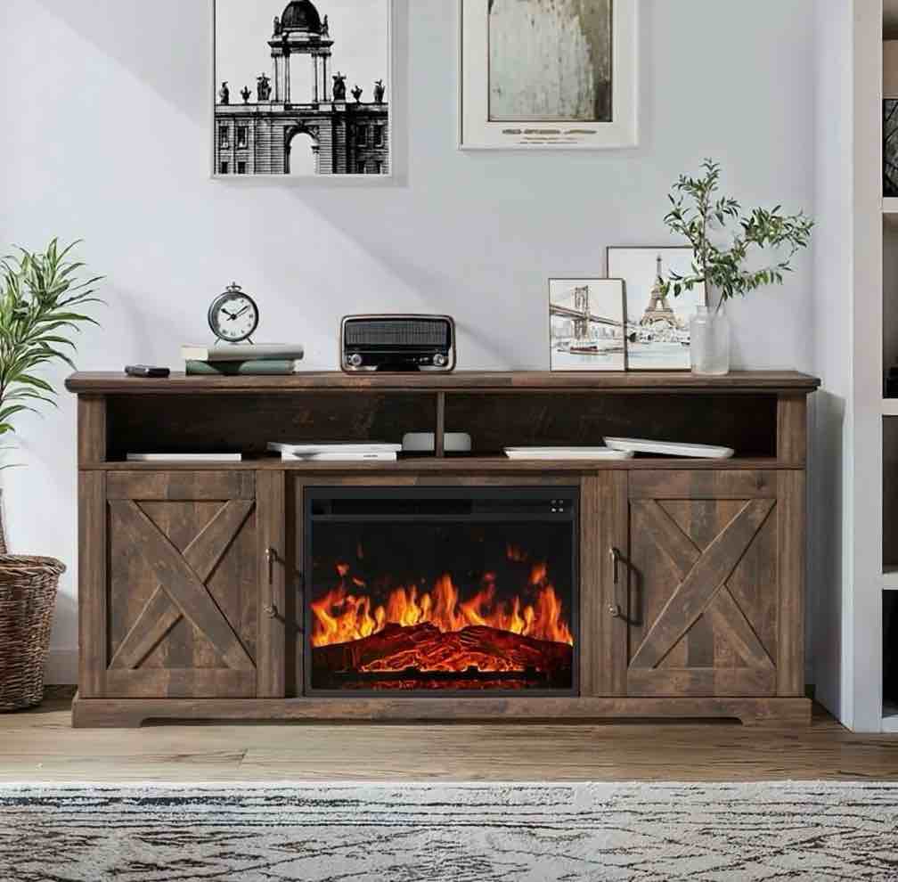 Electric Fireplace TV Stand for TVs up to 75", Farmhouse Entertainment Center with Fireplace, Vintage Brown