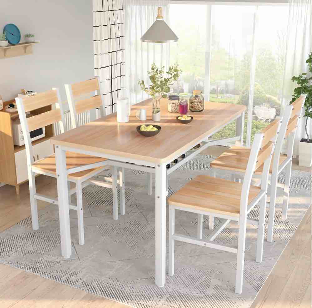 LinkRomat Dining Table Set for 4, Farmhouse Kitchen Table with 4 Wood Chairs, Dining Room Set for Breakfast Nook, Small Places, Restaurant, Beige