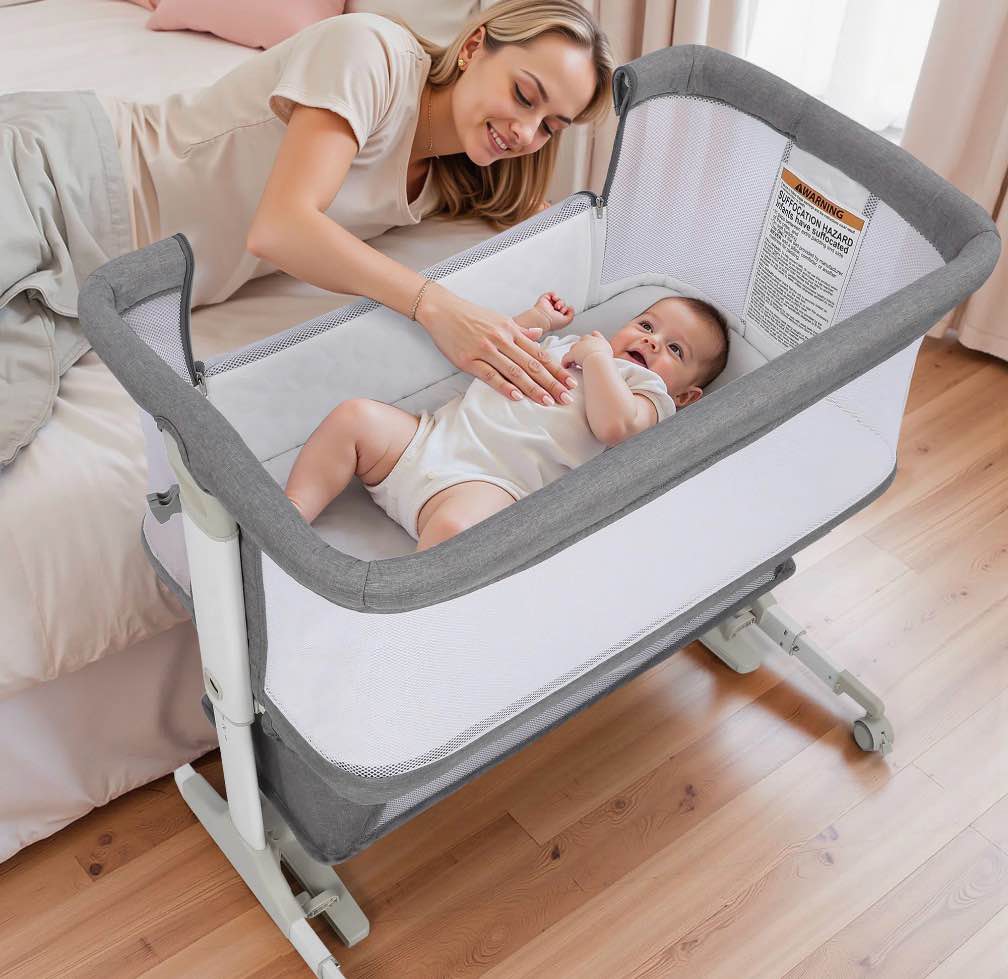 Vomeast Baby Bassinet Bedside Sleeper with Wheels, Adjustable Height, Dual-Lock, Storage Bag for Newborns Infants, Gray