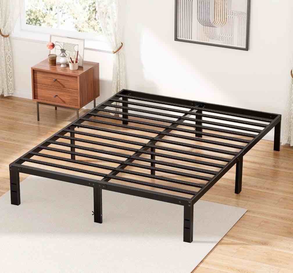 edx 14 inches queen bed frame, heavy duty metal platform with storage space under frame, no box spring needed queen size bed frame, black