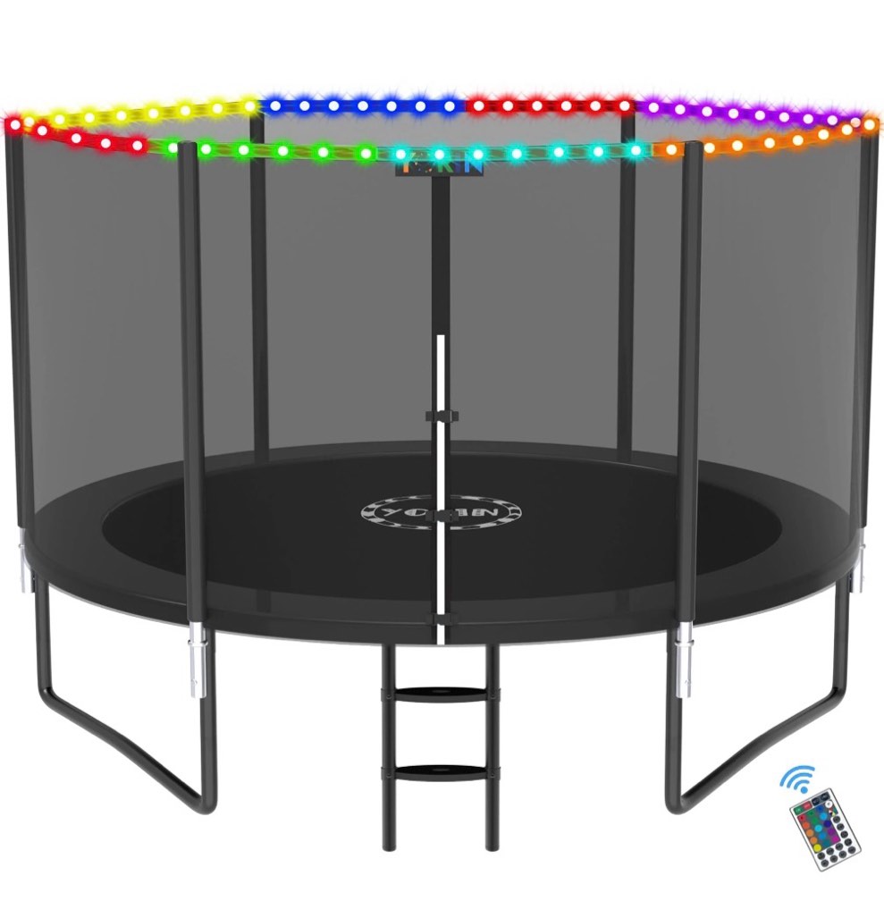 yorin trampoline for 2-3 kids, 8ft trampoline for adults with enclosure net, ladder, light, 800lbs heavy duty outdoor round trampoline, safety certified, rust-resistant frame