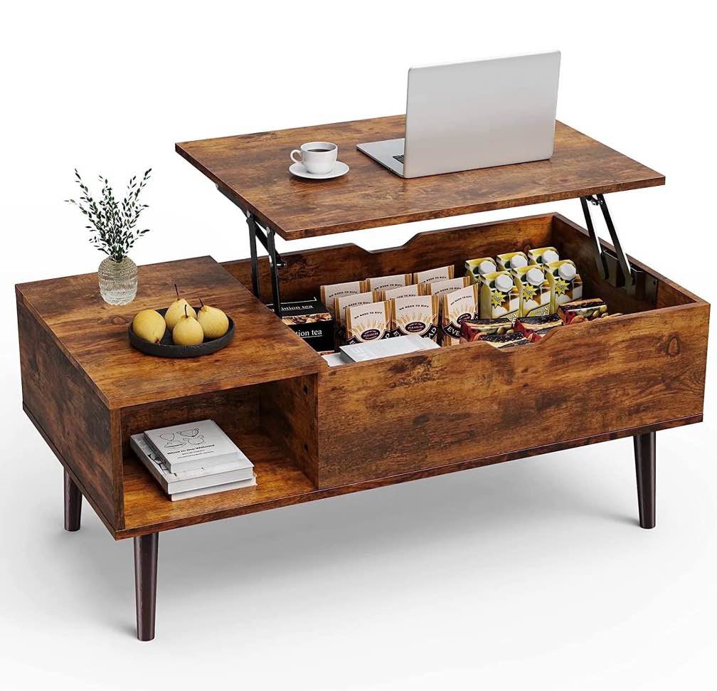 edx modern lift top coffee table with hidden storage compartments, adjustable shelves for living room, small spaces, rustic brown 39.37"x16.69"19.93"