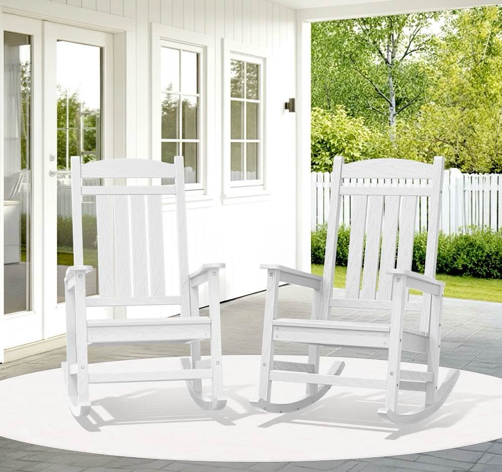 kingyes outdoor rocking chair set of 2, hdpe patio rocking chair, heavy duty front porch rocker, white