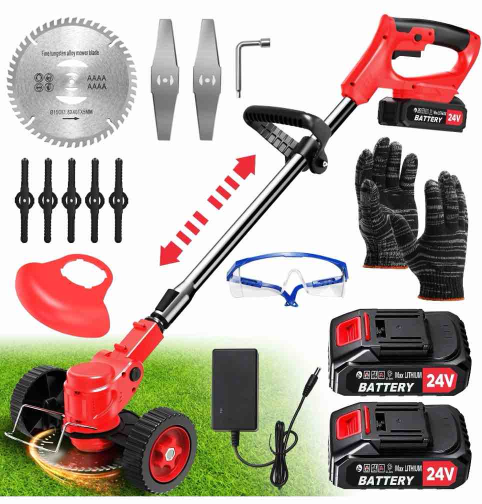 tntants electric weed wacker  cordless string trimmer with wheels  24v batteries  3 types of blades  adjustable length  weed eater grass trimmer/edger/brush cutter for lawn yard garden (red)