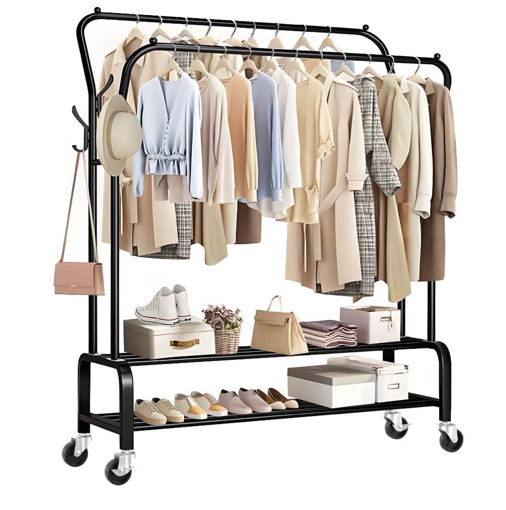 untimaty clothing garment rack heavy duty freestanding metal clothes stand double rail 8 hangers 2 shoe shelves  black