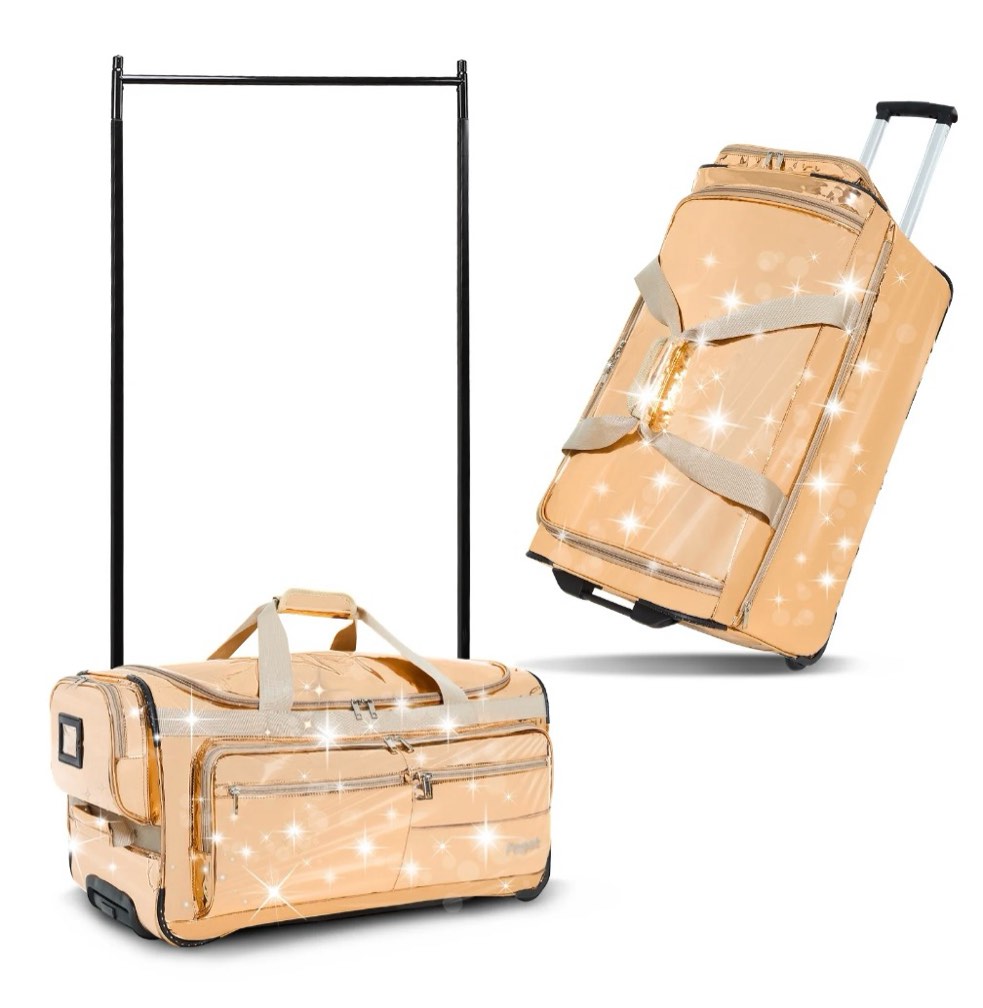 fegat 28" dance bag with garment rack,upgraded glitter rolling competition dance duffel bag waterproof costume travel bag costume suitcase for dancer performer athletes,gold
