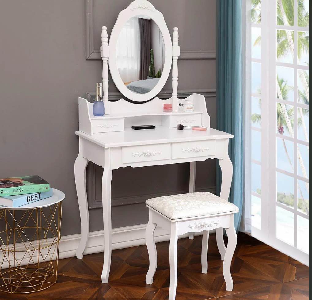 ktaxon elegance white dressing table vanity table and stool set wood makeup desk with 4 drawers & mirror
