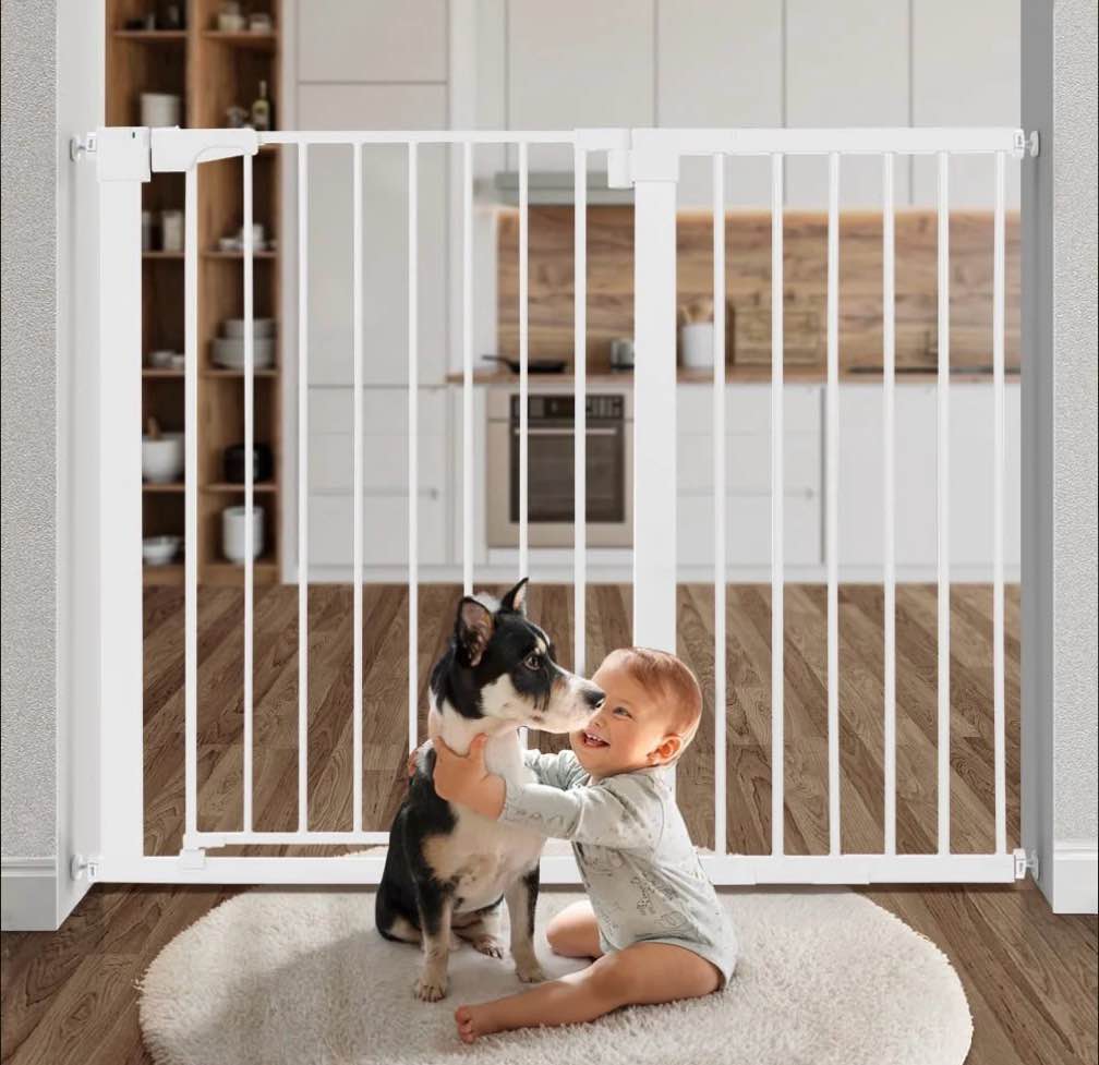 baby safety gate, caveen 36" tall, 29.5-48.8" for stairs and doorway,pressure mount baby gate for ages 6 to 36 months, white