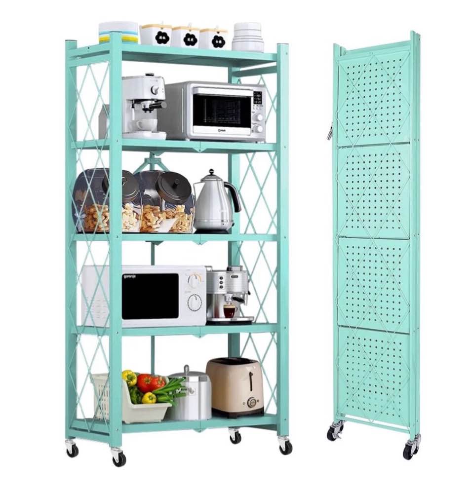 cookcok 5-tier storage shelving unit metal shelf 27.9 x13.4 x62.5 foldable storage shelf with wheels garage shelf metal storage rack kitchen shelf with 4 hooks no assemble require blue