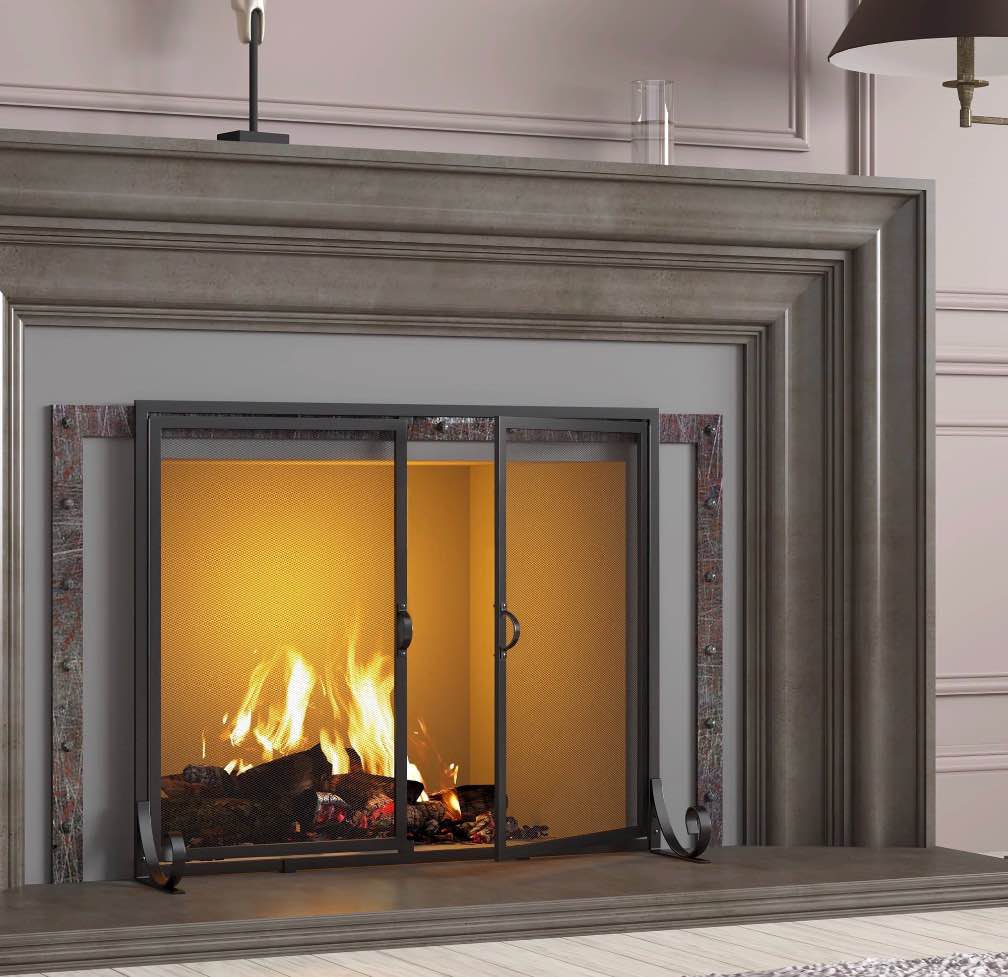 fire beauty fireplace screen with hinged doors, powder coated steel frame, metal mesh, handcrafted solid steel,decorative design