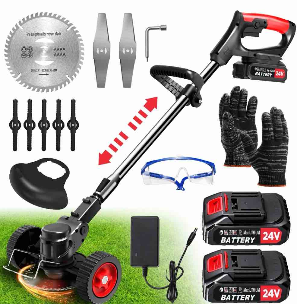 tntants electric weed wacker  cordless string trimmer with wheels  2pcs 24v batteries  3 types of blades  adjustable length  weed eater grass trimmer/edger/brush cutter for lawn yard garden (black)