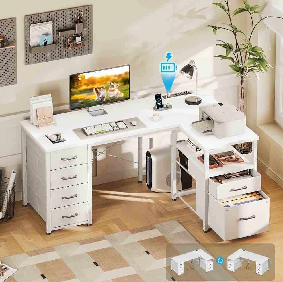 Casacomoda 55 inch Computer Desk with 5 Drawers and File Cabinet for Storage, Office Desk with Storage Shelf & Power Outlets, Home Office Desks, White