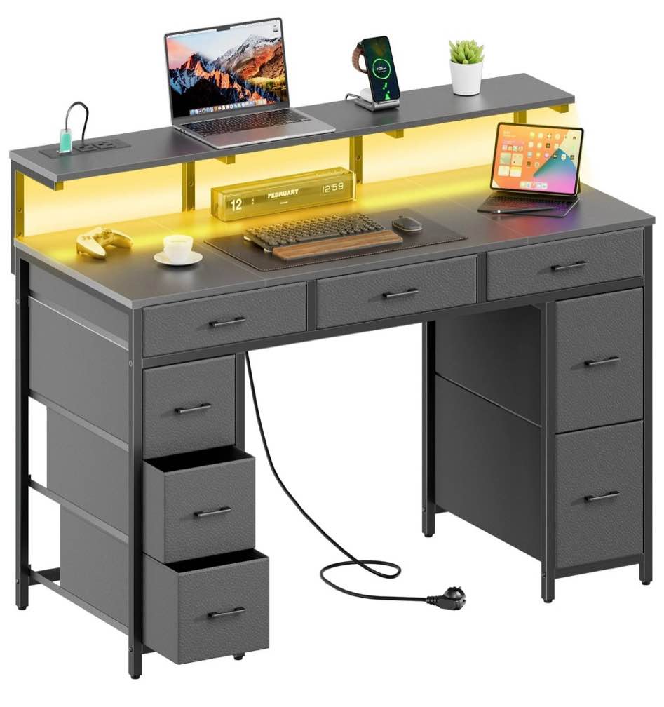HLDIRECT 47 inch Computer Desk with 8 Drawers, Gaming Desk with LED Lights & USB Power Outlets, Home Office Table with Monitor Stand, Grey
