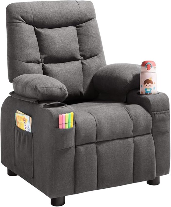 Kids Recliner Chair, Toddler Sofa with Cup Holders, Adjustable Reclining Lounger, Polyester Upholstery, Footrest, for Boys & Girls, Children’s Reading Chair (Gray)