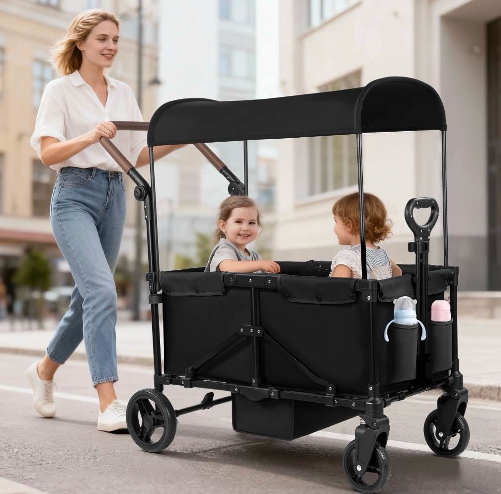 Tripland Wagon Stroller for Kids, 2-Seater Outdoor Baby Stroller with Canopy,Pull & Push Handle,Black