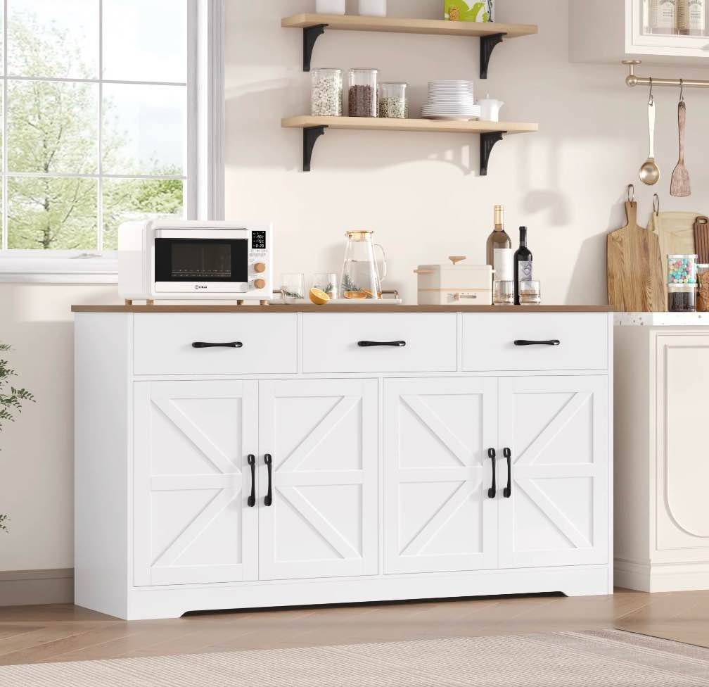 homfa 59"w farmhouse kitchen sideboard credenza, lengthen storage cabinet for dining room, 4-doors 3-drawer wood buffet with adjustable shelves, white