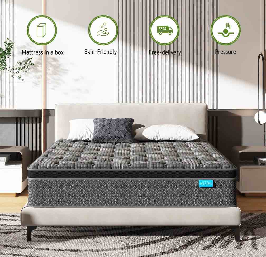 king mattress,nisien 14 inch hybrid mattress in a box, gel foam mattress, individually wrapped pocket coils innerspring mattress, support & pressure relief, medium firm feel, 76"*80"*14"