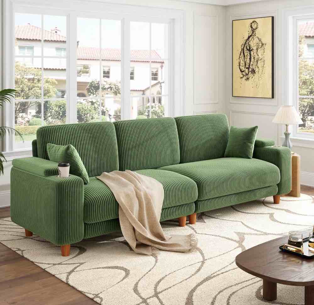 Patbrela 101" Oversized Corduroy Sofa with Storage, 24" Extra Deep Seat Couch, Comfy Upholstered with Cup Holder, 2 Pillows, Green