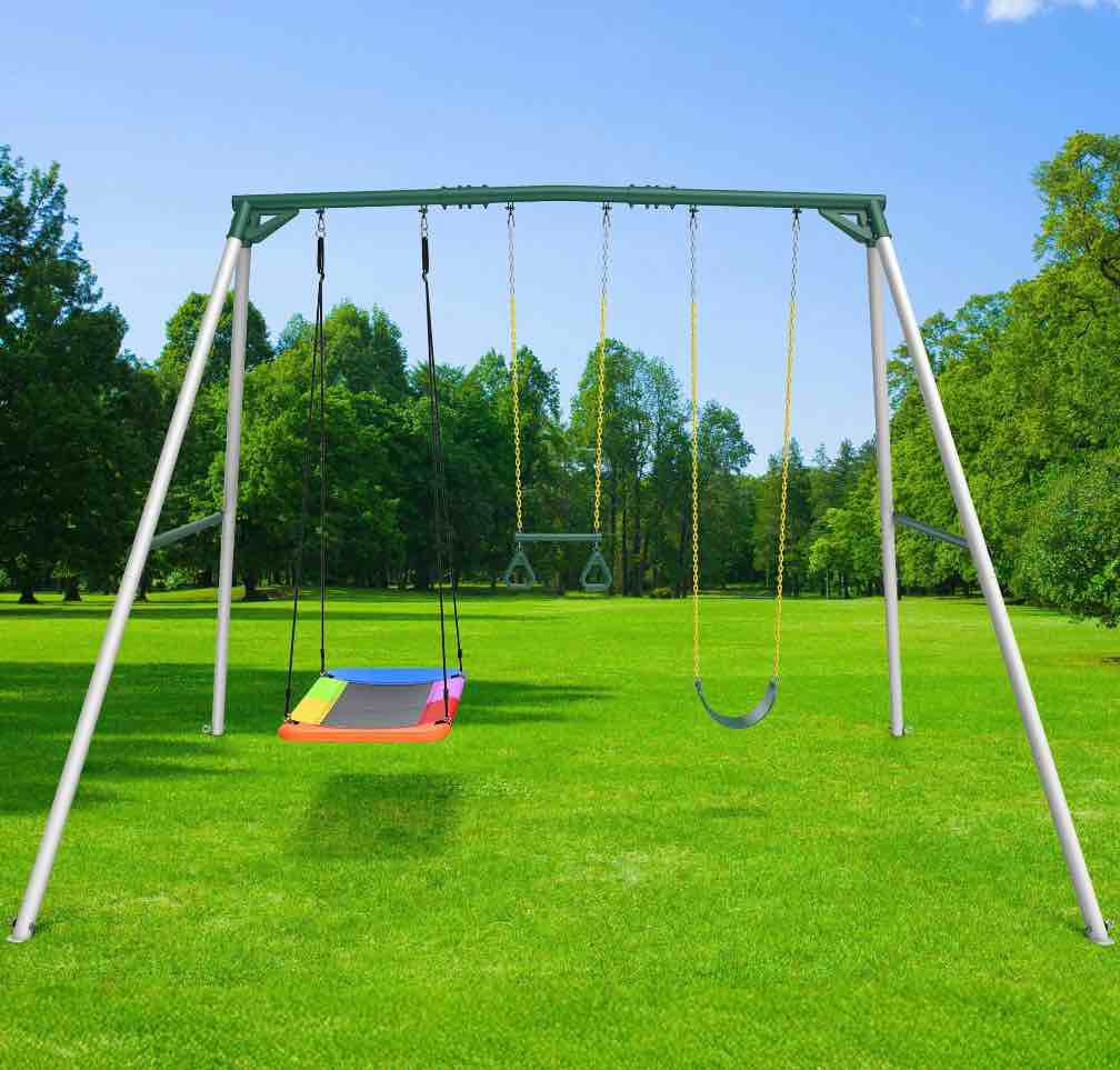 klokick heavy duty metal swing set for kids & adults, 600lb capacity, includes trapeze bar, belt swing & platform swing for outdoor fun
