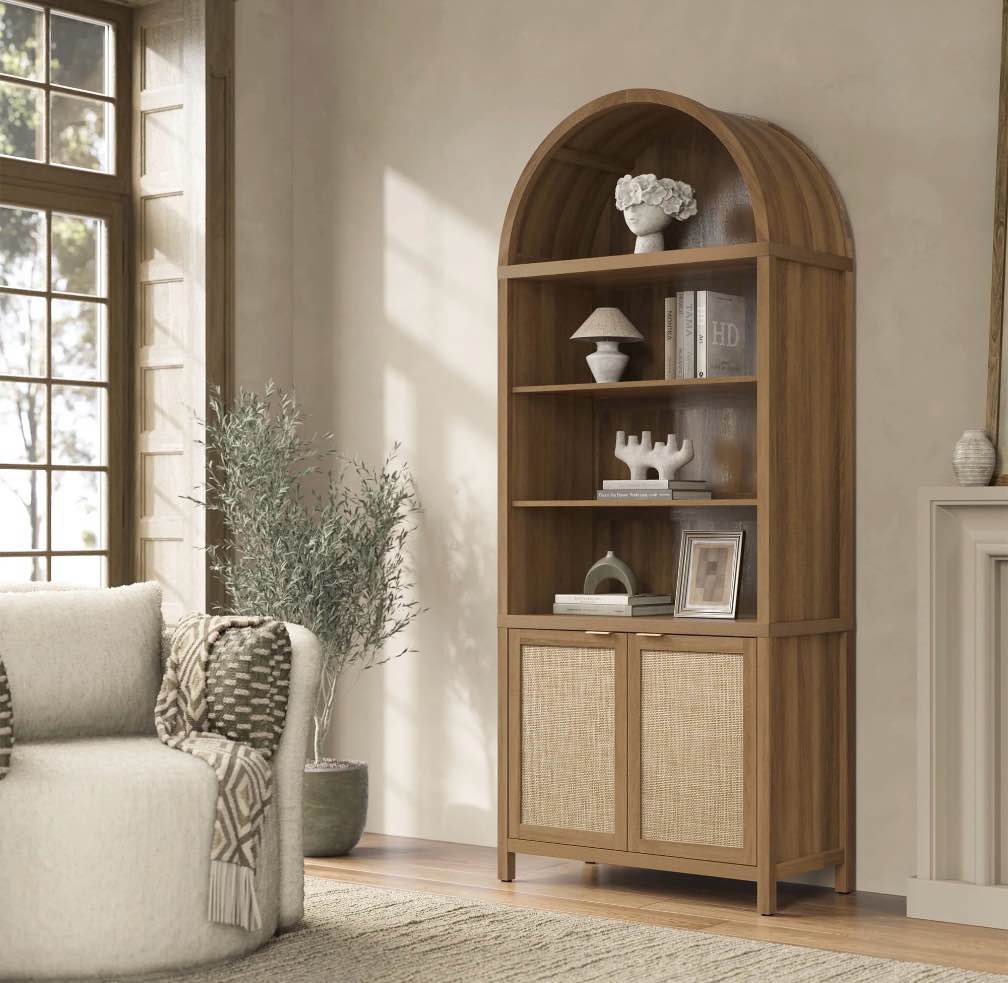 sicotas 84.2"h tall kitchen arched pantry cabinet, oversized boho farmhouse floor storage organizer with 2 rattan doors & adjustable shelf for kitchen, dining room ,reclaimed caramel oak